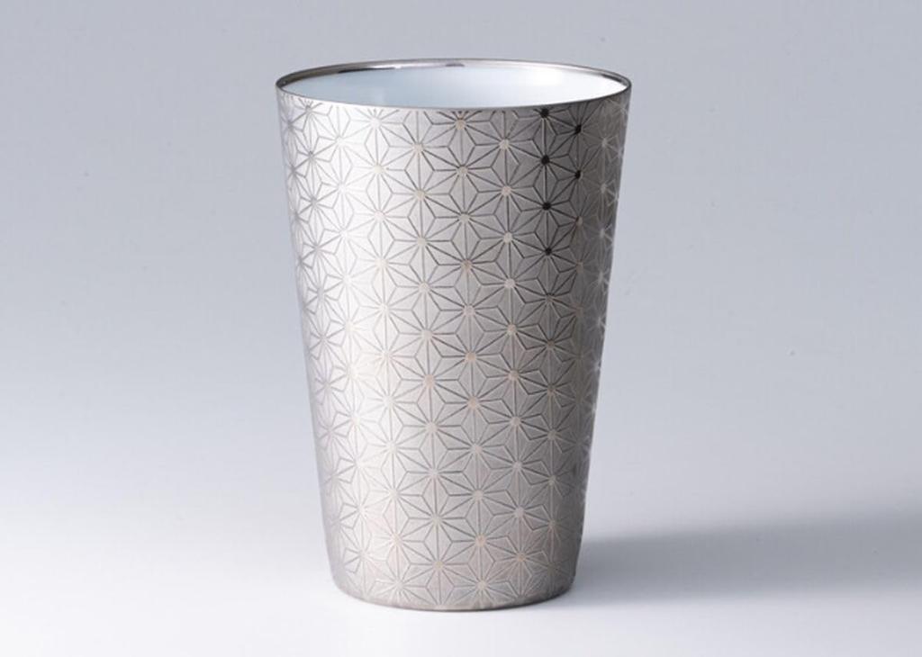 Cup Asanoha wooden made in Japan J-kitchens (Glass) Ultra-thin, light-transmitting tumbler, Platinum, pattern, box, 370ml,