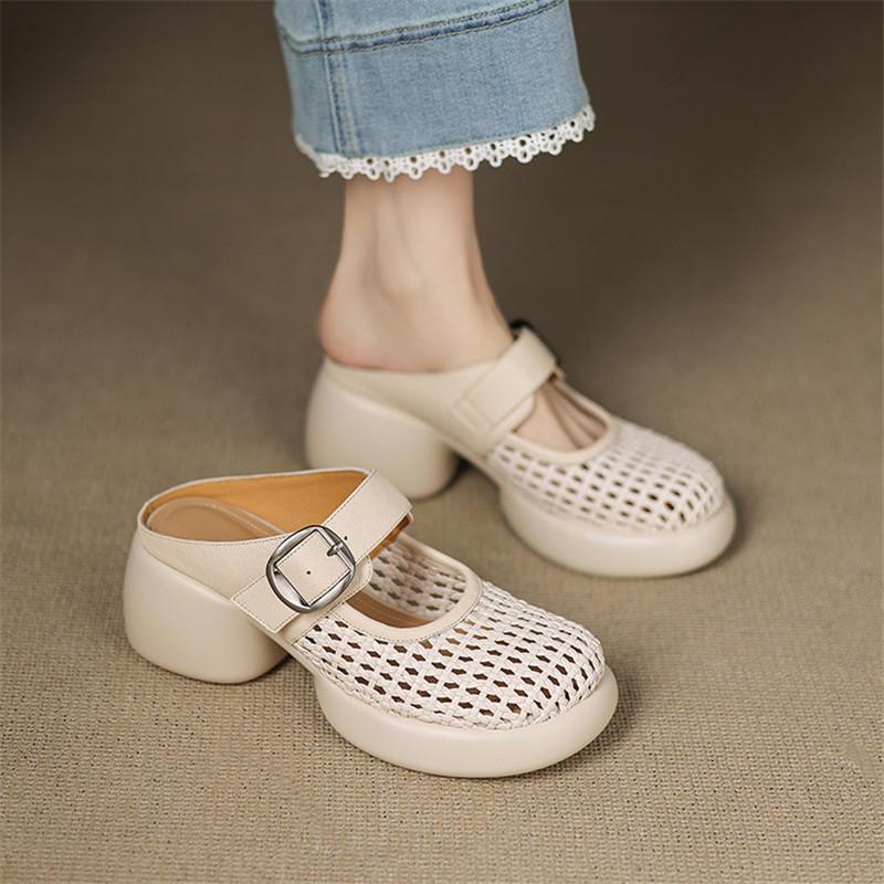 Fashion New Summer Slippers Cover Toe Slippers for Women Fashion Hollow Out Round Toe High Heels Ladies Shoes Chunky Heels Slippers