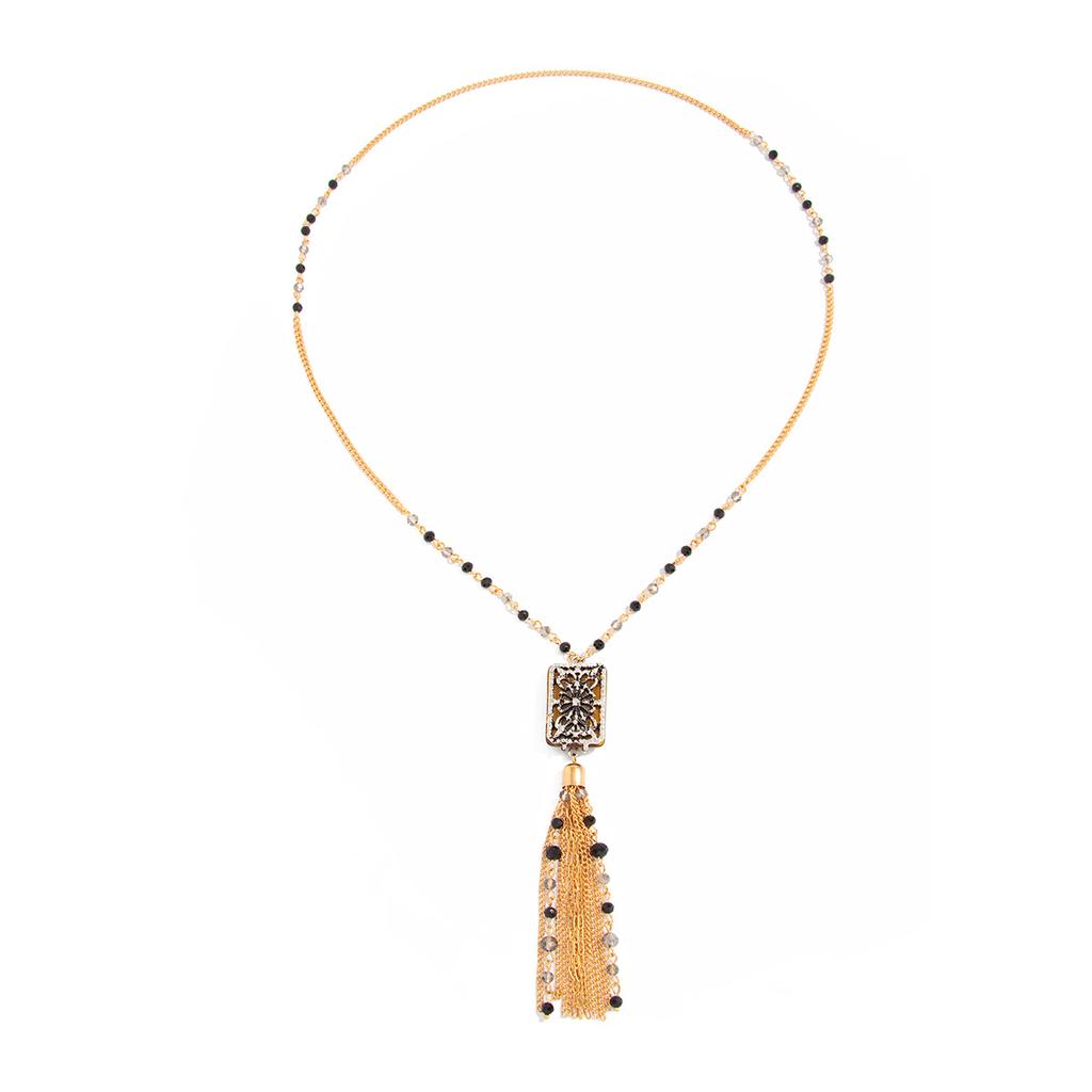 Collana Lunga con Ciondolo Piatto Floreale in Metallo Stile Etnico Retrò, Collana Creativa con Catena di Cristallo e Frange