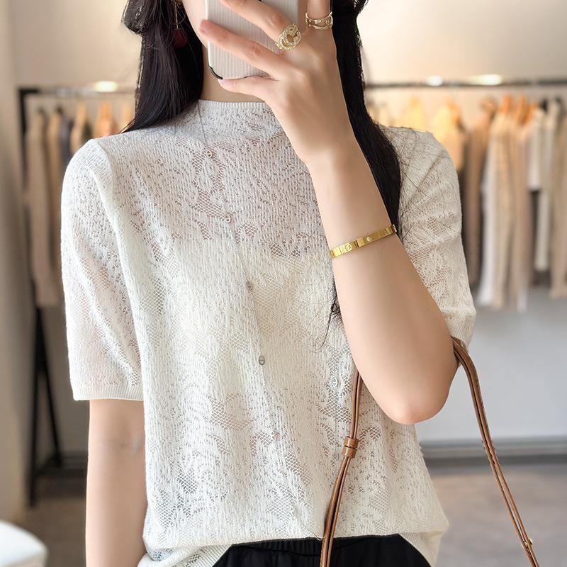 Half-high Neck Hollowed-out Imitation Wool Knitted Short-sleeved T-shirt Base Shirt for Women's Summer New Fashionable Top