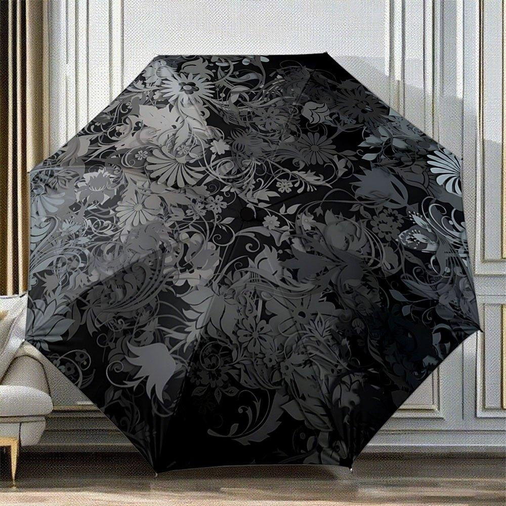 

Automatic Folding Umbrella with Floral & Leaf Patterns in Shades of Gray on Black - Portable Collapsible Design, 8-Rib Durable Iron&8K