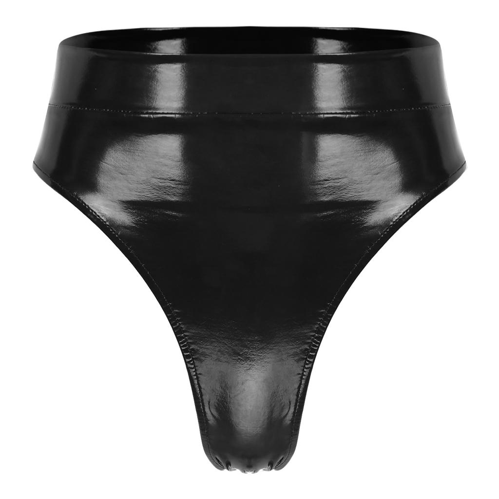 Womens Patent Leather Panties Wet Look High Waist Thong Design Adjustable Back Buckle Belted Club Wear