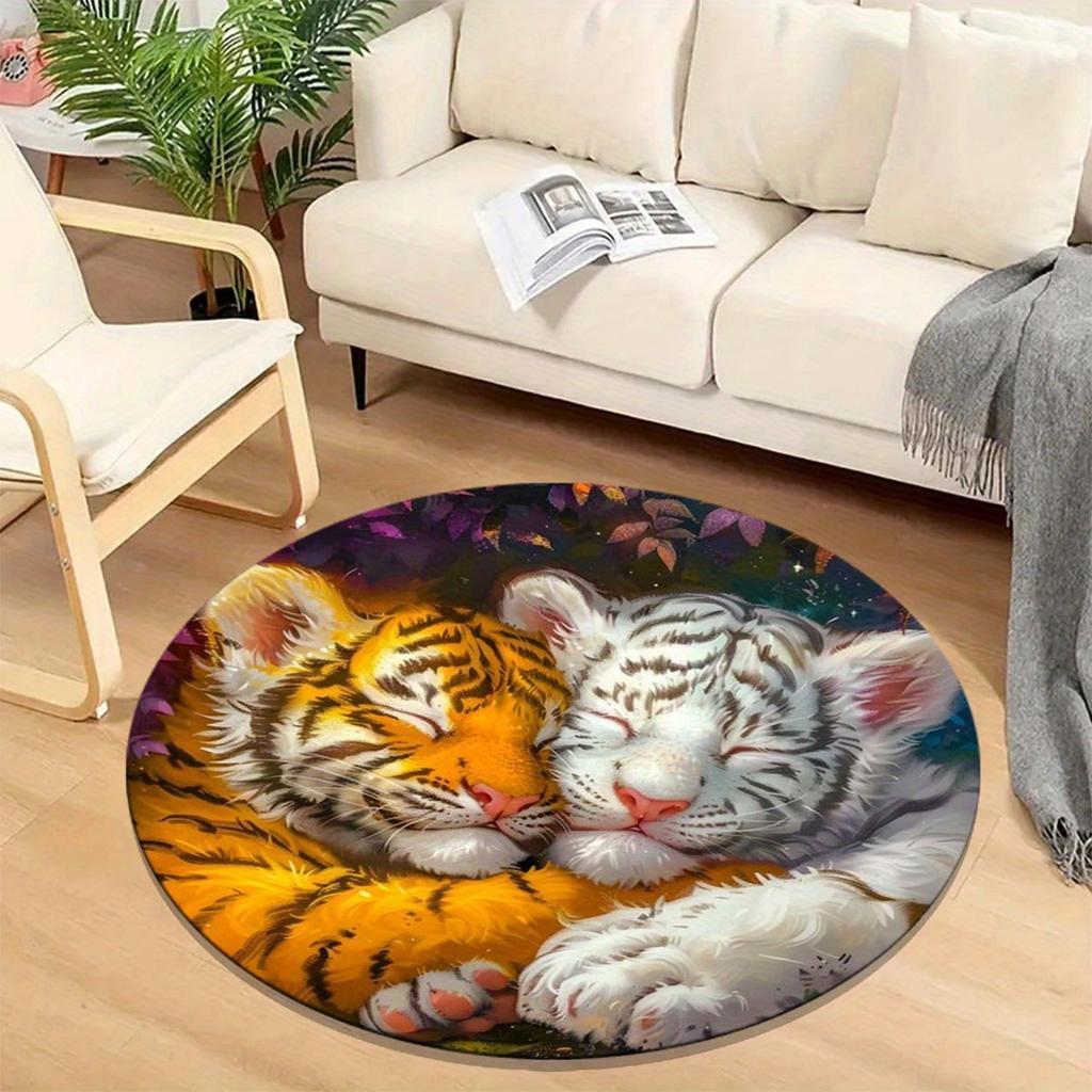 1Pcs Tiger Pattern Round Area Rug Indoor Non-Slip Washable Fiber Carpet Soft Comfortable Mat For Bedroom Living Room