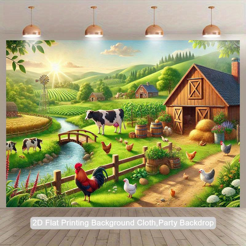 2D plane, 1 farm scene, retro farmhouse style rural landscape, party decoration suitable for birthdays and weddings