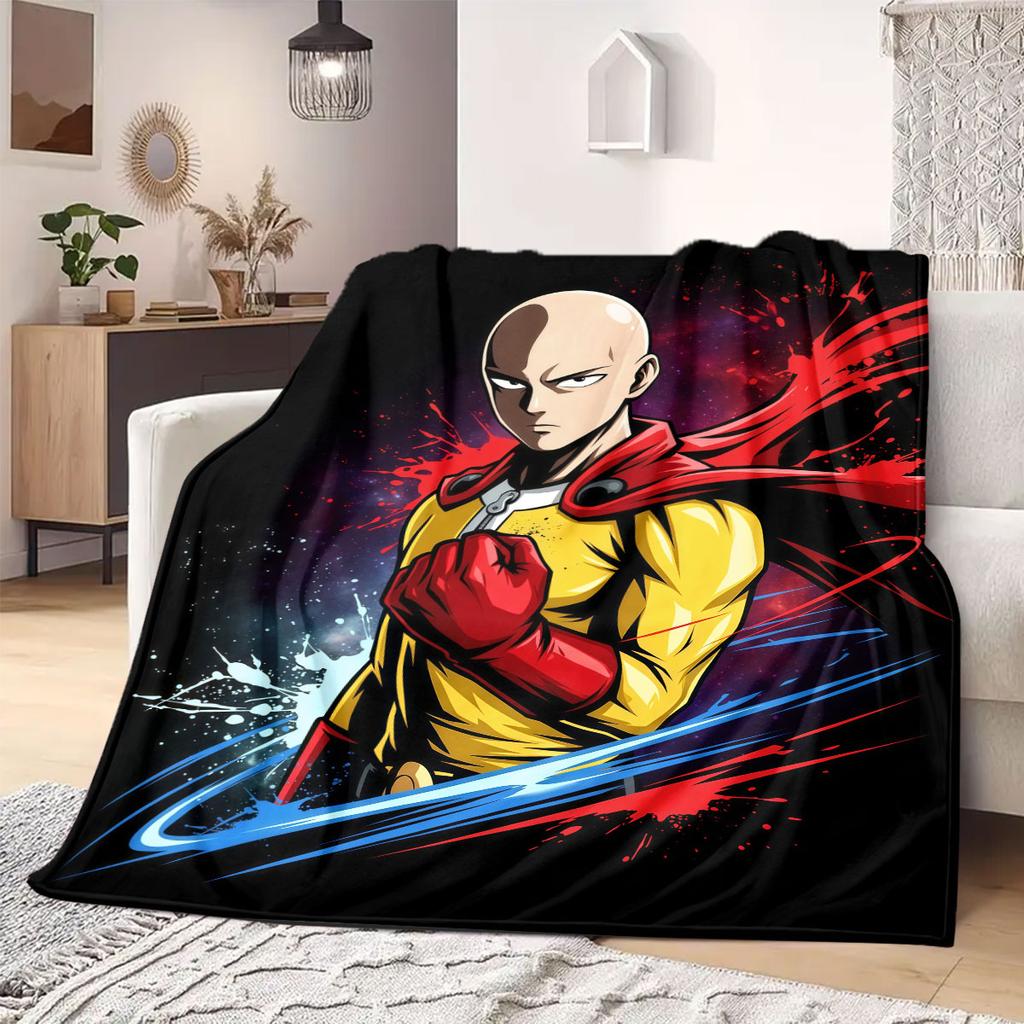 One Punch Man Stylish 2D Cartoon Flannel Blanket, Printed Decor for Sofa, Soft Bedding Travel Picnic Rug_LIAN