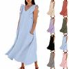 Damen Casual Tasche Kleid V-Ausschnitt Ärmellos Rüschenärmel Lockerer Schnitt Baumwolle Leinen Midi Kleid Sommer Strandmode