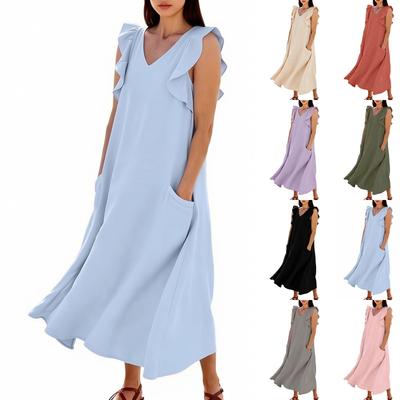 Women Casual V Neck Ruffle Sleeve Cotton Linen Dress with Pockets Loose Fit Sleeveless Summer Midi Dress for Daily Wear