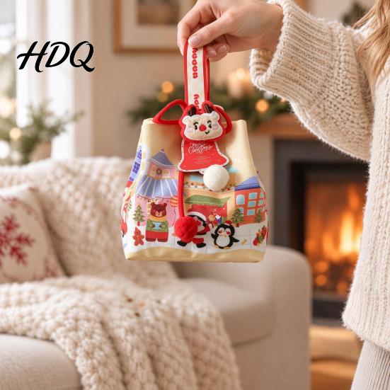Portable Gift Bag Christmas Drawstring with Handle Reusable Canvas for Party Pouches Present Xmas Candy Goodie Treat Pouch Holiday Bags