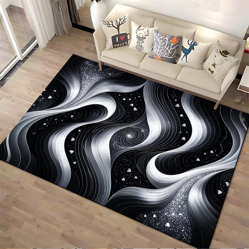 Abstract Black and White Galaxy Wave Carpet with Starry Patterns Suitable for Use As an Anti-slip for Living Room Bedroom Sofas