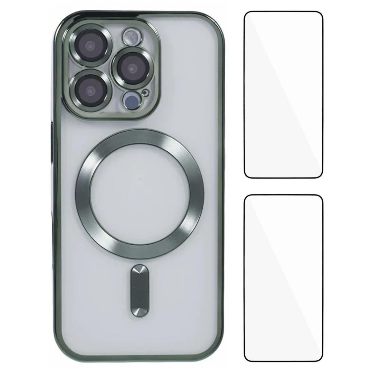 

WANLONFENG For iPhone 16 Pro Max Magnetic Case Electroplated TPU Cover with Lens Film+2Pcs Tempered Glass Green