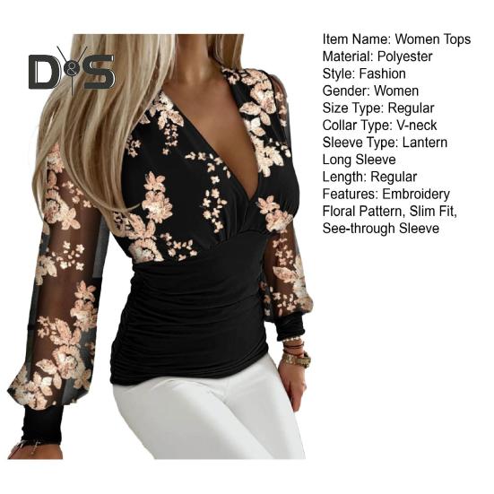Women Lace Patchwork Long Sleeve Blouse Elegant Deep V Neck Slim Fit Pullover Top Office Lady Embroidery Floral Blouse