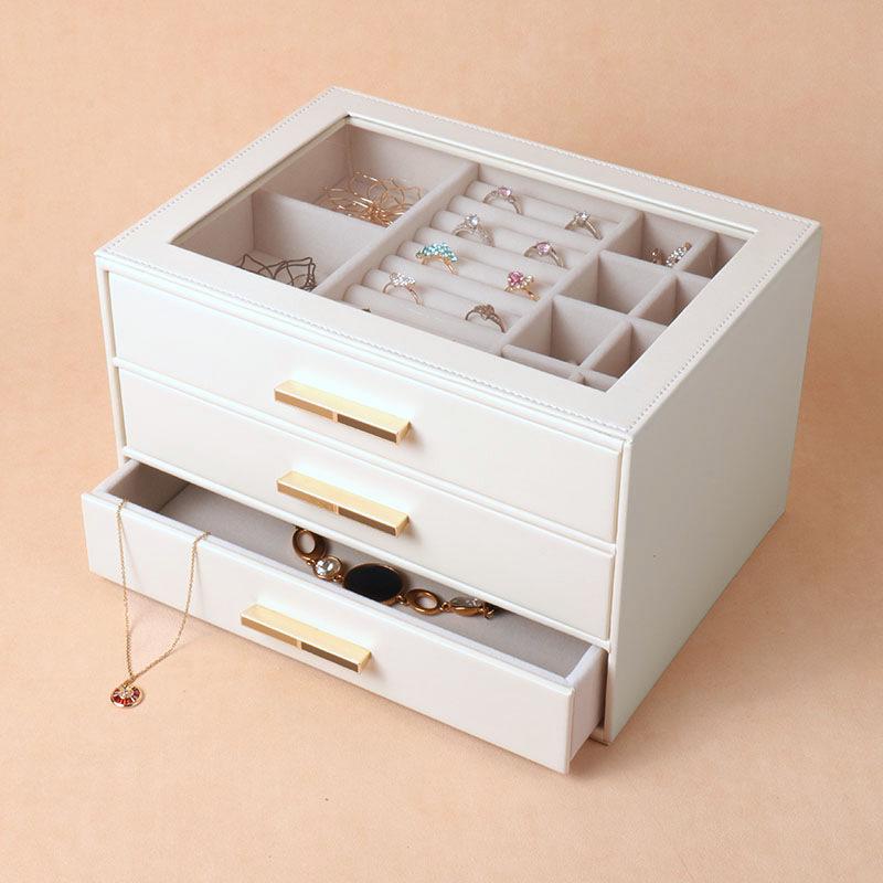 Three-Layer Jewelry Storage Box with Glass Skylight for Necklaces and Earrings