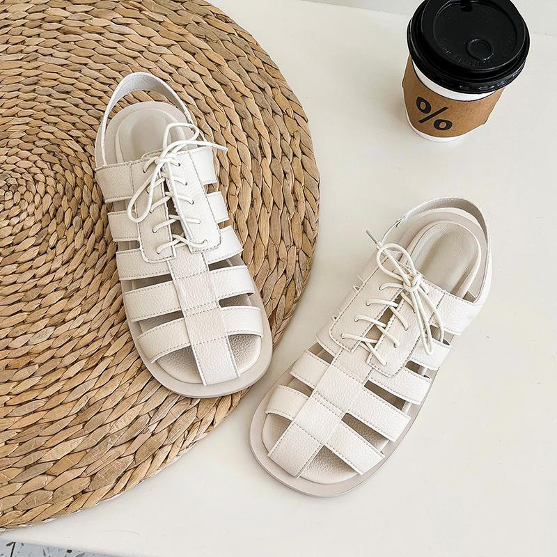 Hohle Damenschuhe 2024 Neue Sommer Einfache Kreuzgewebte Flache Absätze Sandalen Römisch Retro Geschlossene Zehenpartie Schnürung Mode Sandalen Damen