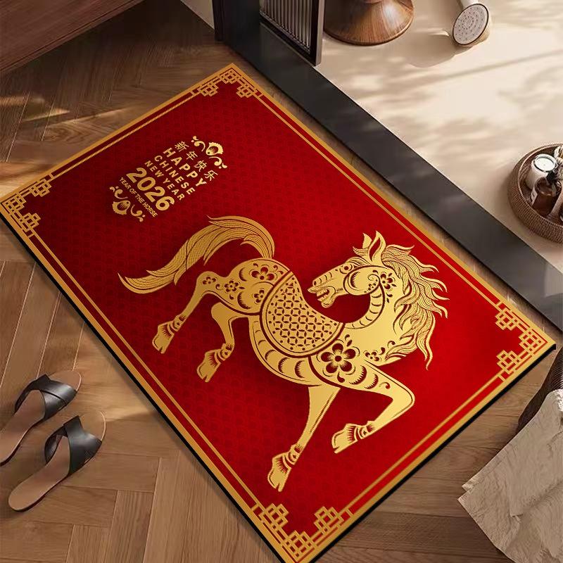 Chinese Style Festive 2026 Red Carpet Living Room Sofa Bedroom Study Bathroom Kitchen Entrance Door Mat Non-slip Horse Decor Rug