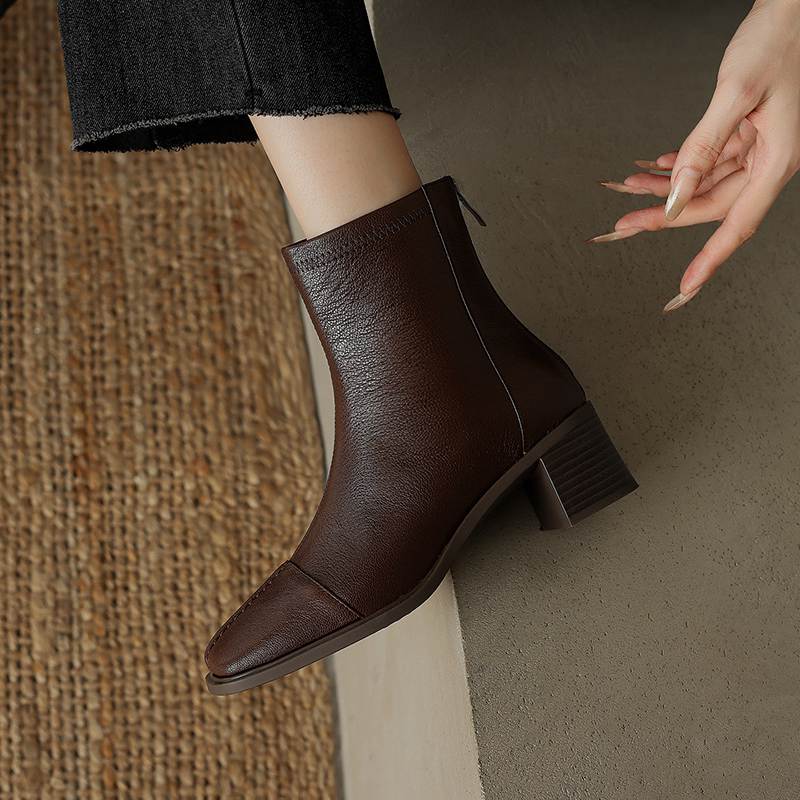 Krazing Pot Sheepskin Autumn Winter Shoes Thick Heels Size 42 Square Toe Zipper Vintage Ankle Boots