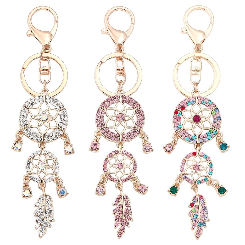 Rhinestone Dreamcatcher Keyring with Hollow Feather Pendant - Elegant Metal Gift