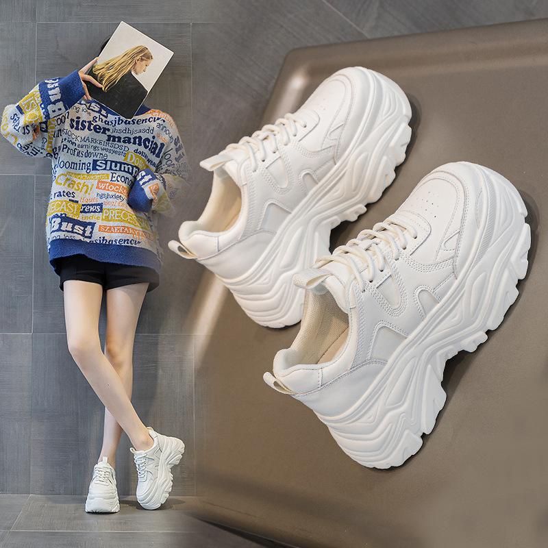 White Chunky Platform Sneakers Ultra Thick Sole Height Increasing Casual Shoes Lace Up Lightweight Non Slip For Daily School