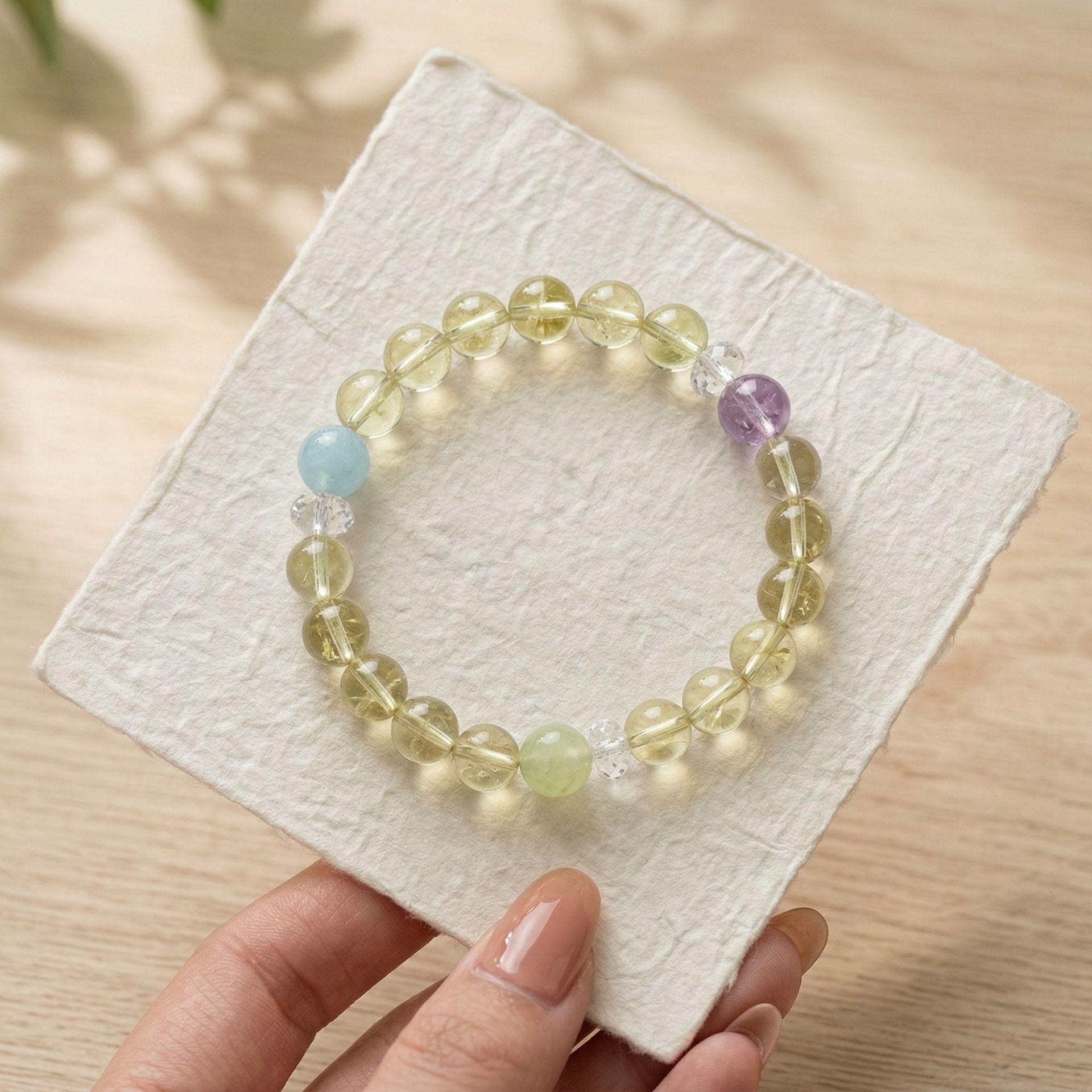 Summer Vacation Natural Lemon Yellow Crystal, Aquamarine, Prehnite, Amethyst Bracelet, College Style Women s Jewelry 【Summer vacation】