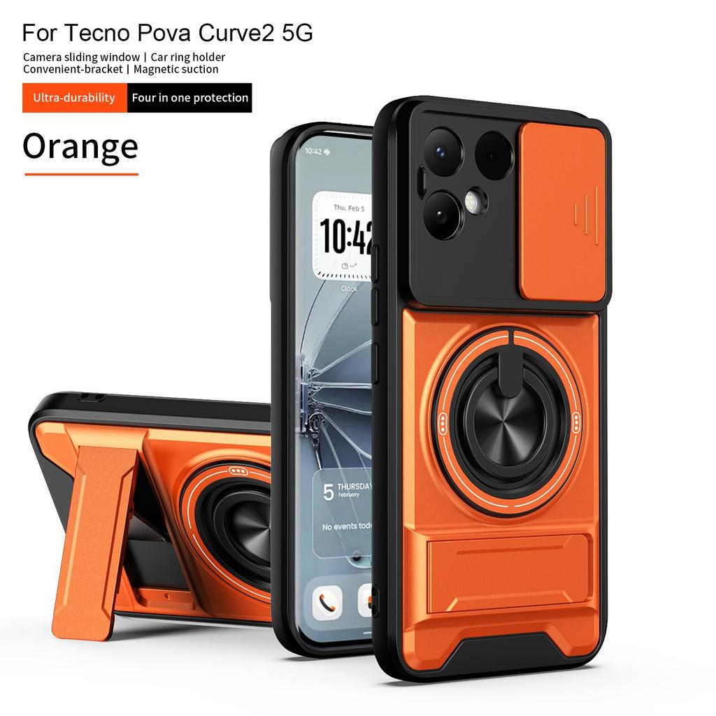 Slide Camera Cover Compatible for Tecno Pova Curve 2 Case With Built-in Ring Stand and Folding Stand
