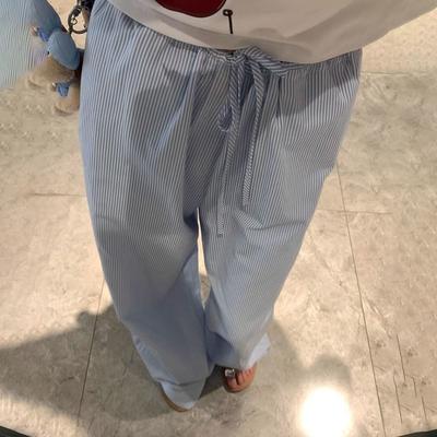 Damen Sommer Dünne Blaue Vertikal Gestreifte Weitbeinige Loungehose - Locker Kordelzug Lässige Kühlende Hose zum Spazierengehen