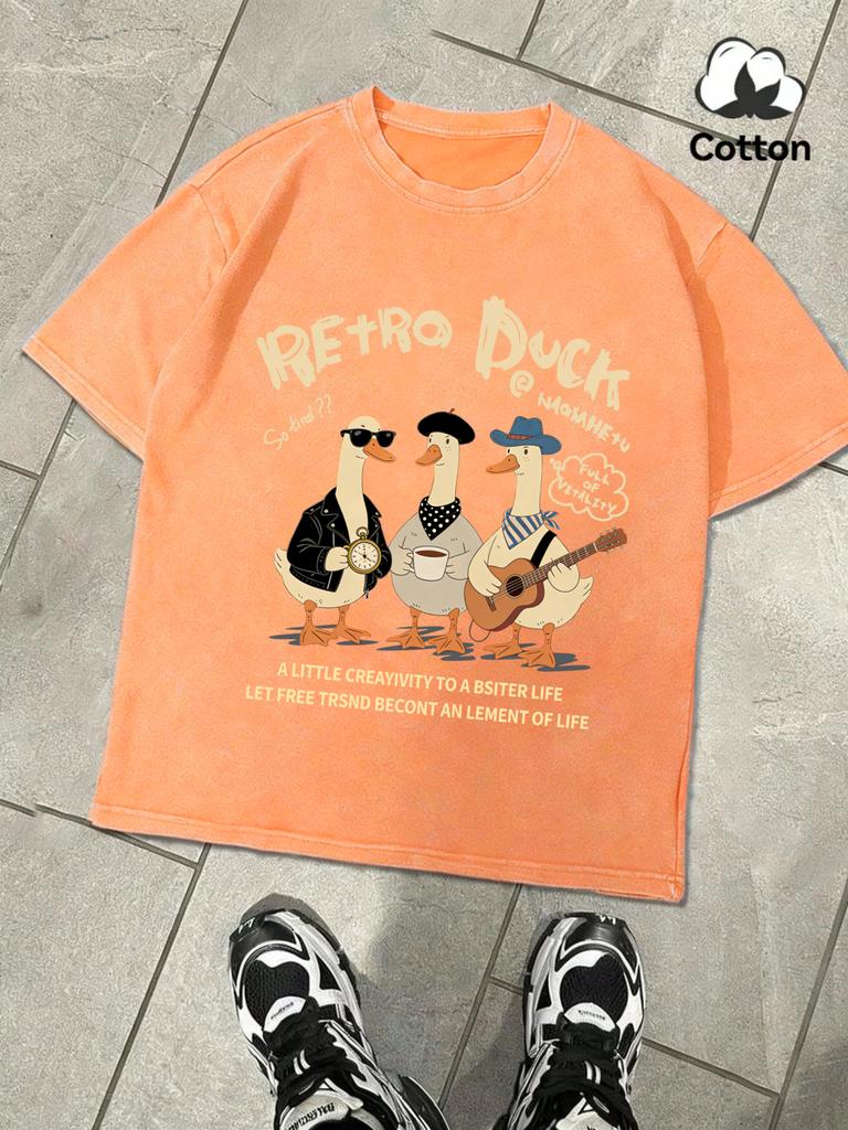 Retro Duck With Free Time Washed Mans TShirts Loose Fashion Tee Summer Cotton Short Sleeve Unisex Retro ONeck Streetwear
