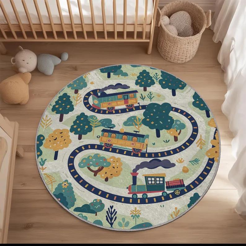 

Круглый детский ковер-поезд, Декор детской комнаты, Ковер с трассой для игр малыша, Ковер Лесная железная дорога , Милый ковер для детской комнаты, Нескользящий коврик 80cm x 80cm