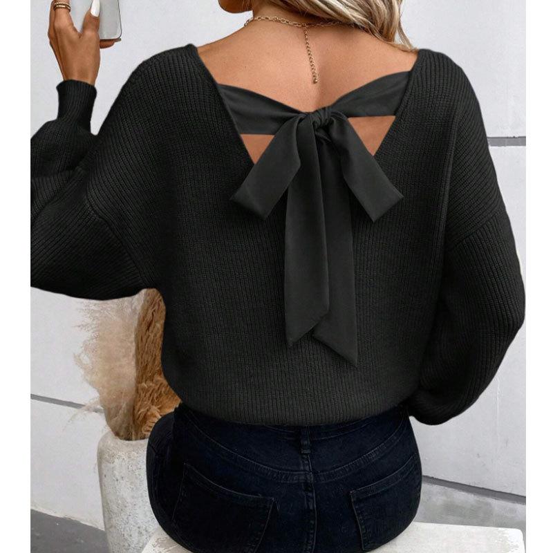 Damen Herbst/Winter Sexy Rückenfreier Schnürpullover mit V-Ausschnitt Langarm Strickpullover