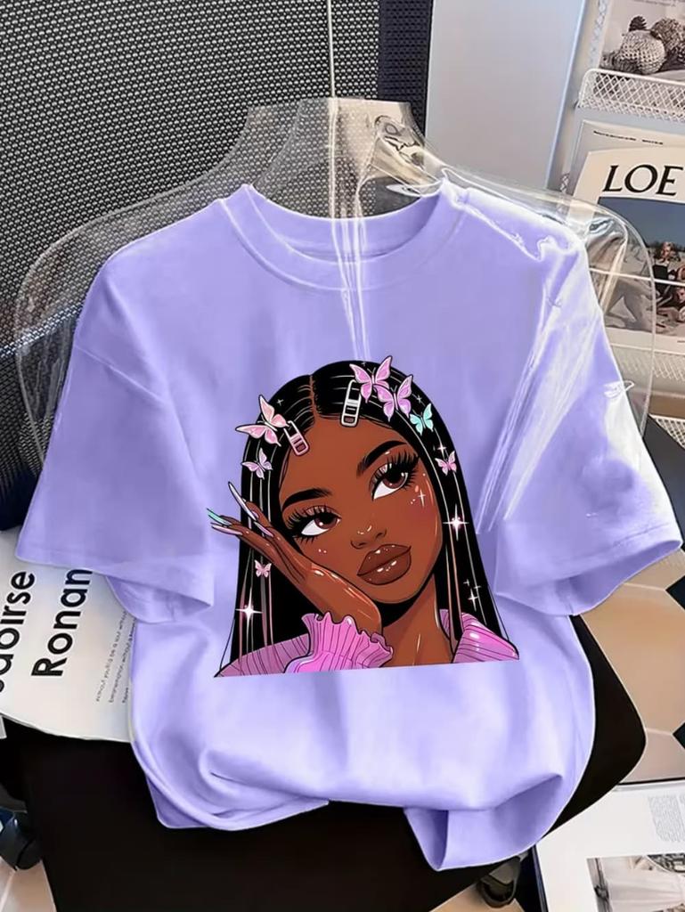 Girls' Summer Crew-Neck Short-Sleeved Top New Black Girls Cute Top Girls Clothes Cartoon Print T-Shirt Top Children's Clothing