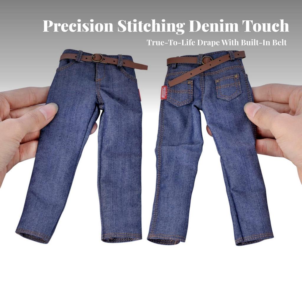 Blue 1:6 Scale Denim Jeans | FunctionalLooking Fly and Fastening, Contrast Stitching Details