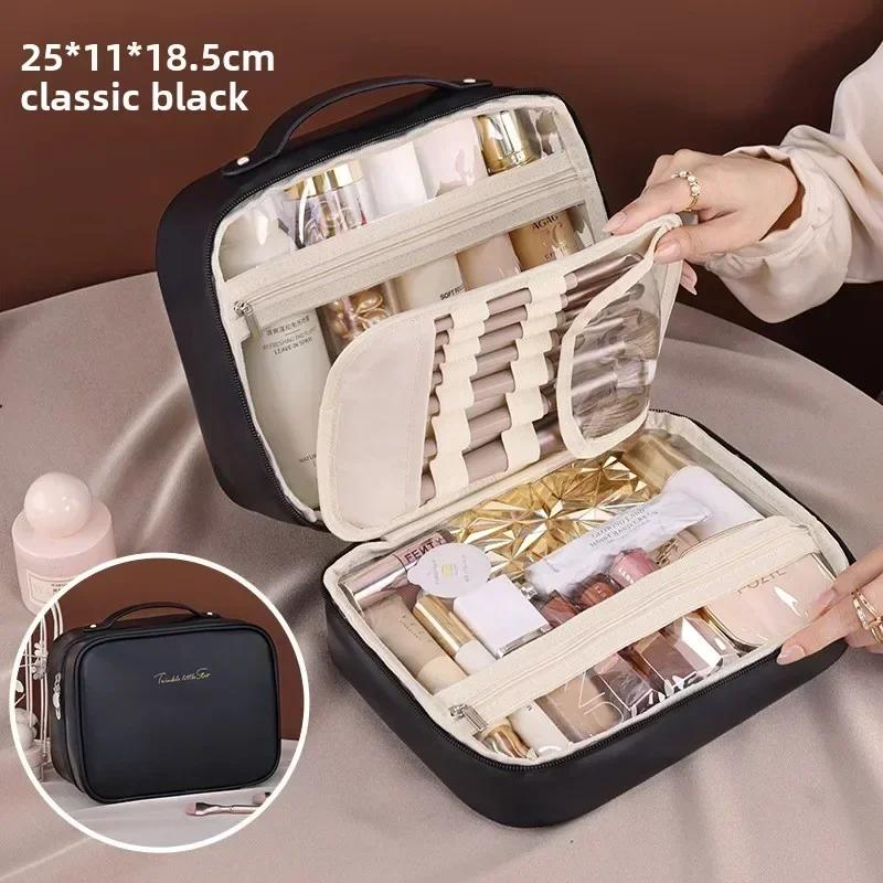 Women PU Leather Double Layer Travel Makeup Wash Clear Cosmetic Bag with Zipper Multi-Compartment Waterproof Toiletry Makeup Box