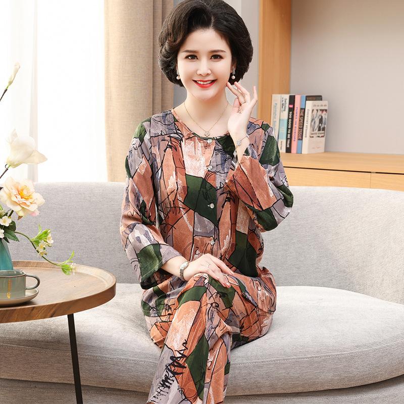 

Пижамные штаны, комплект женской домашней одежды, новый цветочный принт, удобный повседневный, дышащий, модный, свободный, большие размеры, пижамные комплекты 5XL зелёный/коричневый