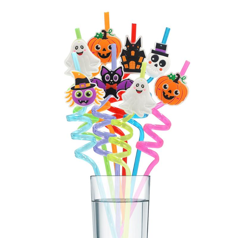 Halloween Glow Spiral Drinking Straws Luminous Bat Ghost Pumpkin Witch Print for Festival Gathering Drinkware 1Pcs