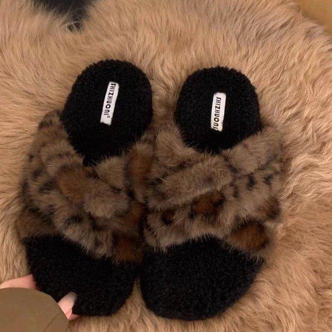 Platform leopard print fluffy shoes women's shoes wear 2025 new autumn and winter cotton slippers lamb wool fashion cotton shoes