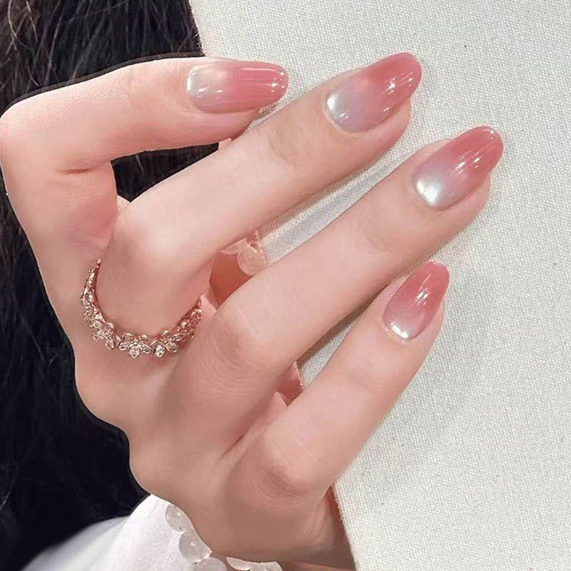 Handmade INS Pink Gradient Medium-Long Wearable Nail Tips for Students