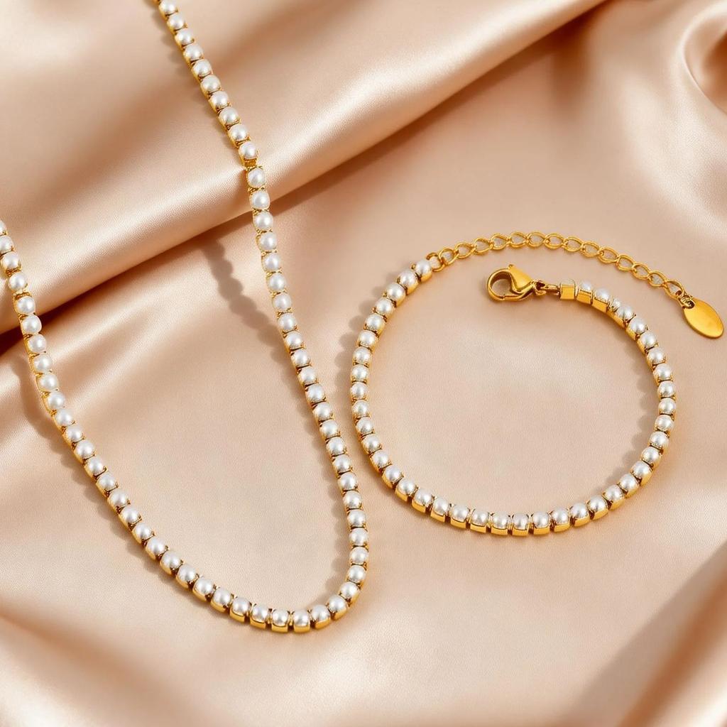 Women's Imitation Pearl Tennis Chain Necklace Bracelets, Stainless Steel 18K Gold Plated Fashion Chic Jewelry Set Gift