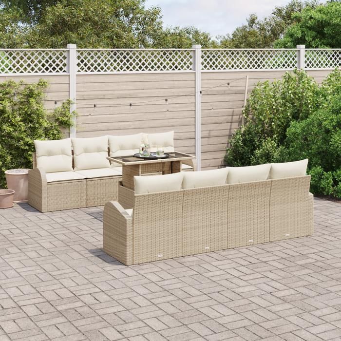 VidaXL Ensemble de Canapés de Jardin 9 Pièces avec Coussins Beige Poly Rattan 3348607