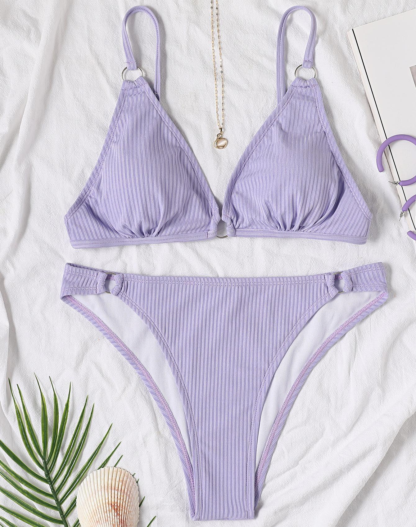 

Женский купальник, однотонный купальник с треугольными чашечками и V-образным вырезом, сексуальный бикини с завязками на спине, пляжная одежда, купальные костюмы L фиолетовый