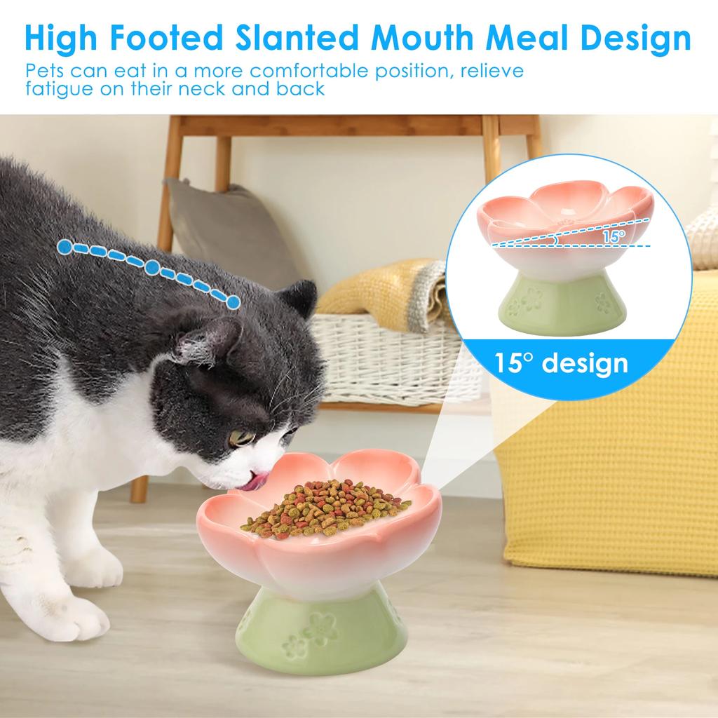 Flower Shape Pet Bowl Ceramic Raised Slow Feeder Dog Bowl 15 Degree Tilted Cat Bowl Cute 150ml Pet Water Dispenser Pet Supplies