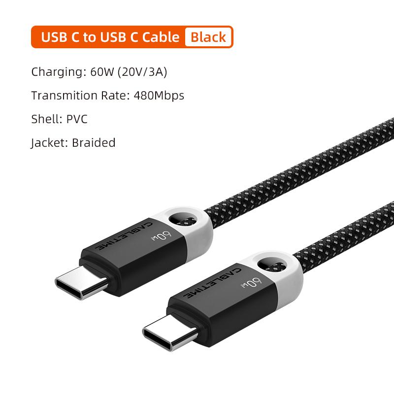 CABLETIME USB C to USB C Cable 60W 480Mbps Fast Charging Cable 3A Braided Type C to Type C Cable for Moble Phone Laptop HUAWEI