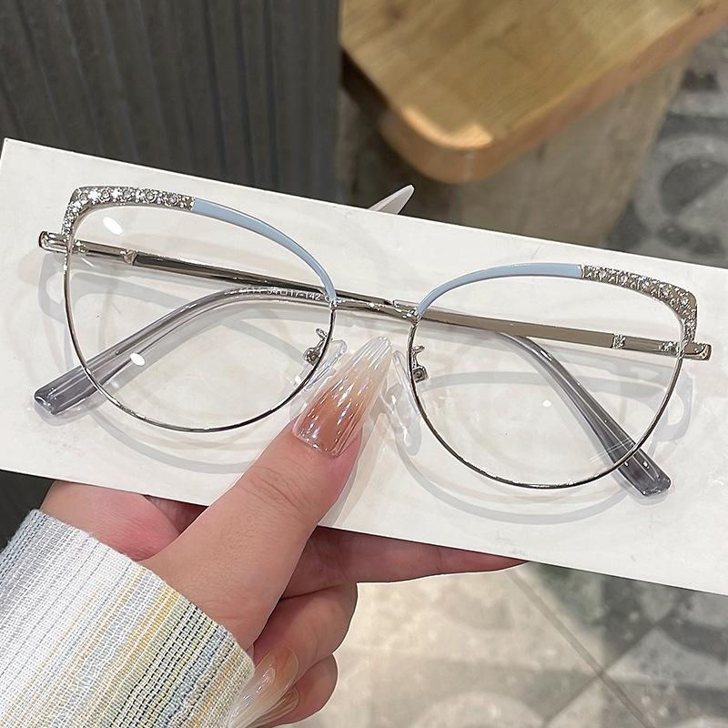 Senior Cat Eye Metal Glasses Women Men Rhinestone Metal Frame Computer Eye Protection Anti Blue Light Eyeglasses