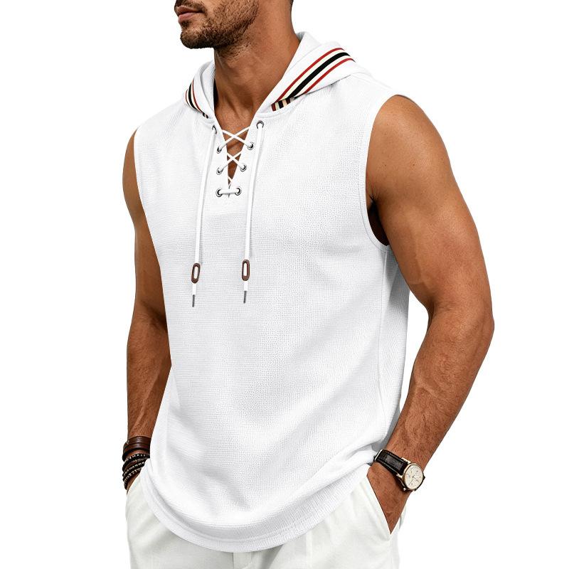 Men s White Waffle Knit Sleeveless Lace-Up Hooded Tank Top S белый