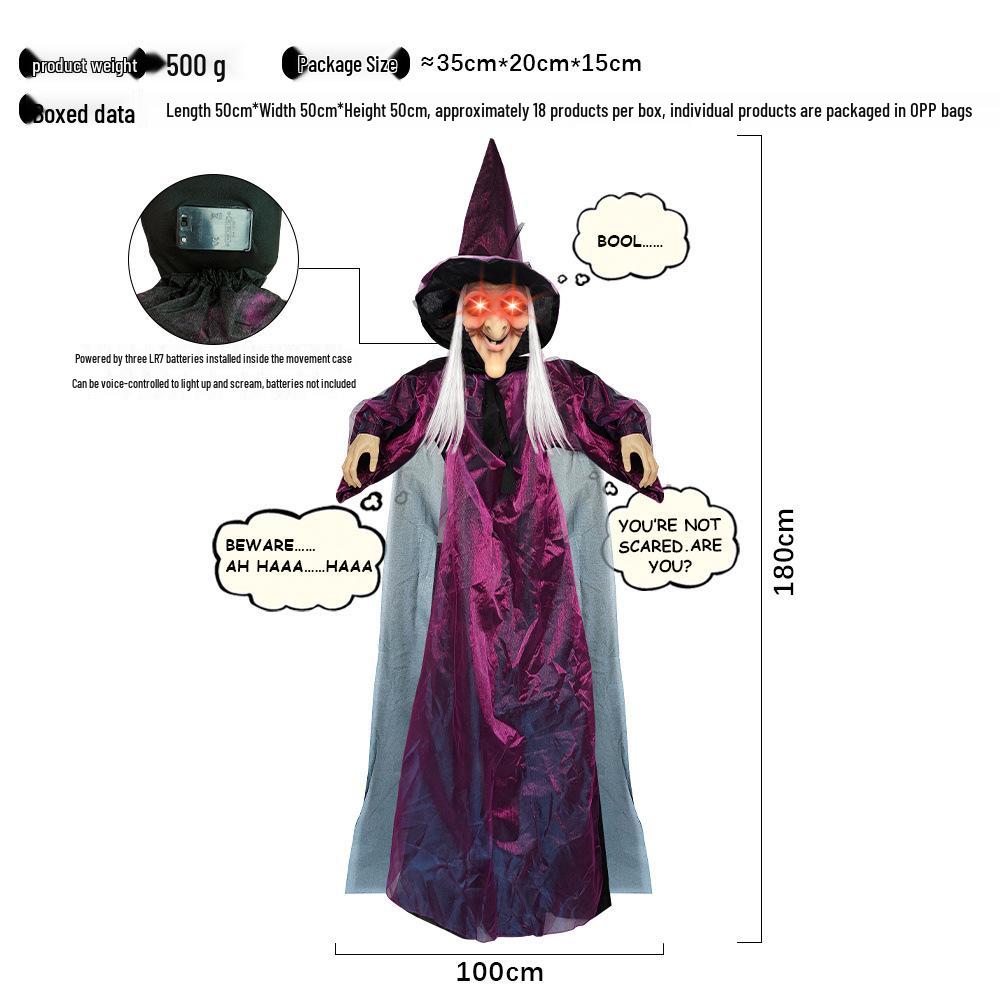 Purple Sound-Activated Light-Up Screaming Witch Pendant for Halloween Haunted House Decor