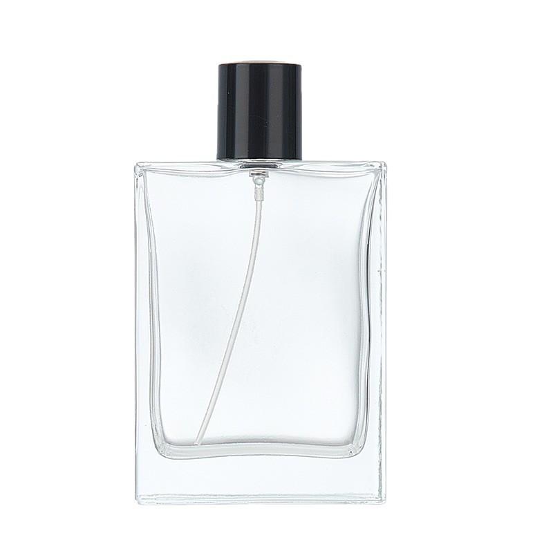Threaded Flat Square Glass Perfume Bottle, 50ml Press Spray & 30ml Portable Refill, Transparent