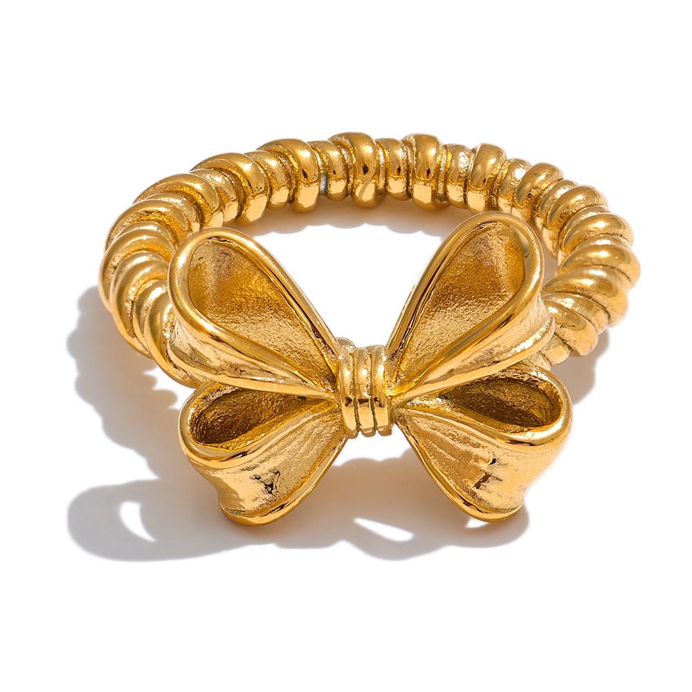 Yhpup Stainless Steel Fashion Trendy Metal 18k Gold Color Cast Ring Bow Knot Jewelry 6