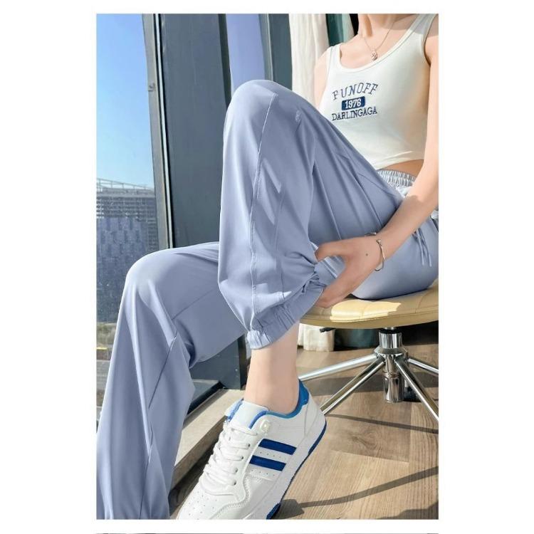 Womens Quick Dry Sports Pants Summer High Waist Cooling Ice Silk Breathable Casual Trousers