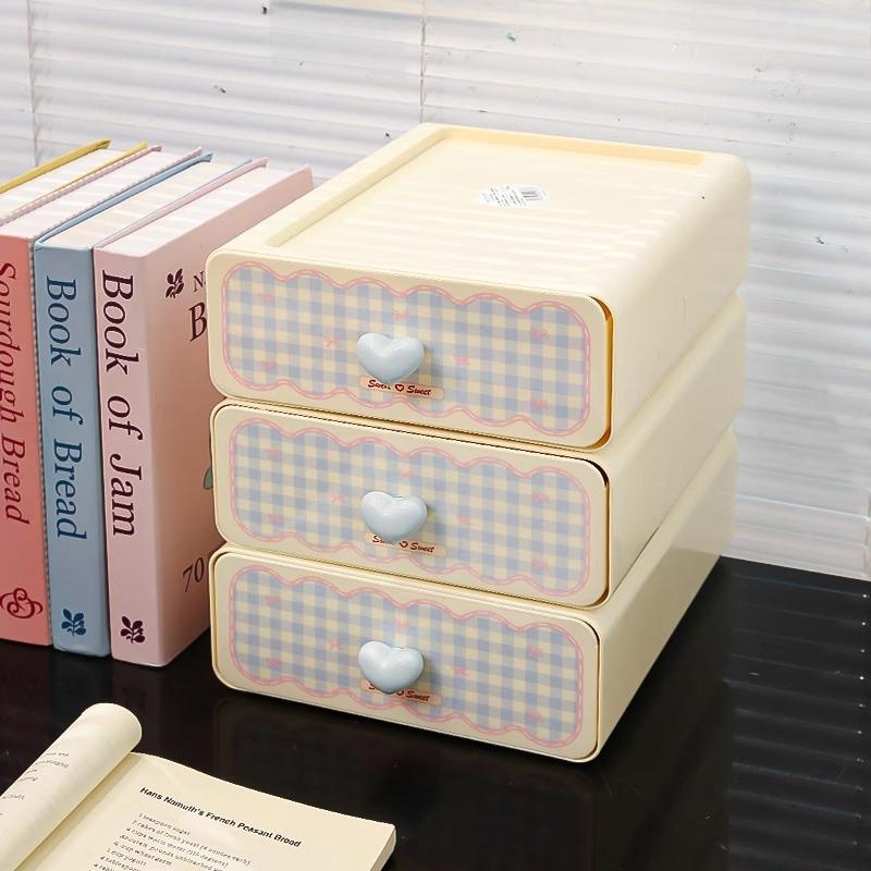Kawaii Cream Stationery Storage Box Organizer Large Capacity Student Dormitory Sundries Cosmetic Drawer-style Storage Rack Stack