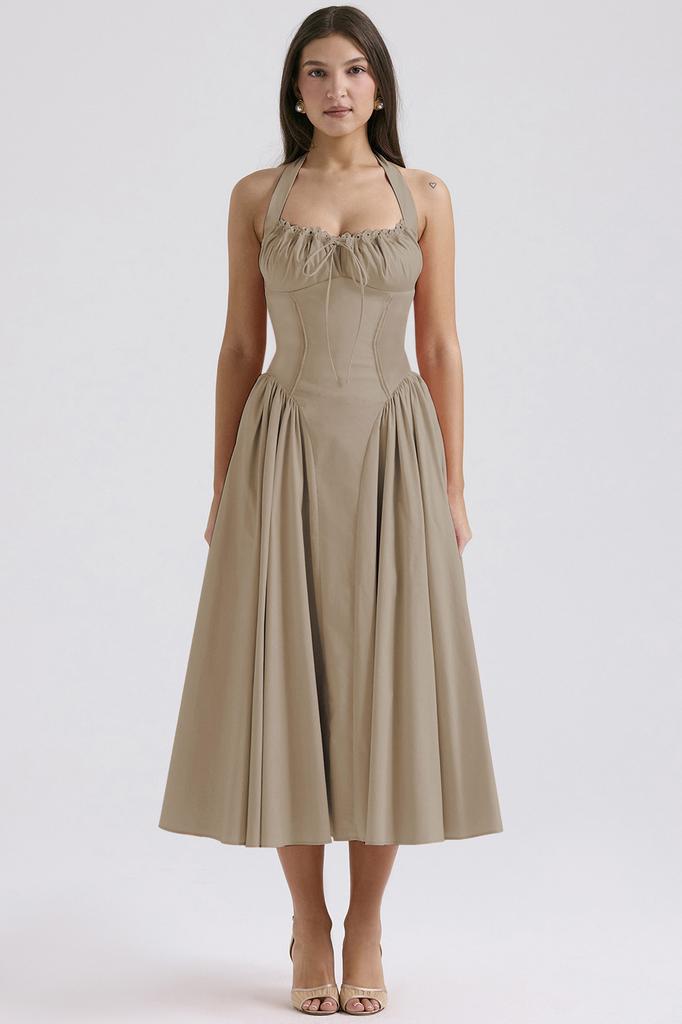 New summer slim-fit suspender dress, stylish printed neck lace dress