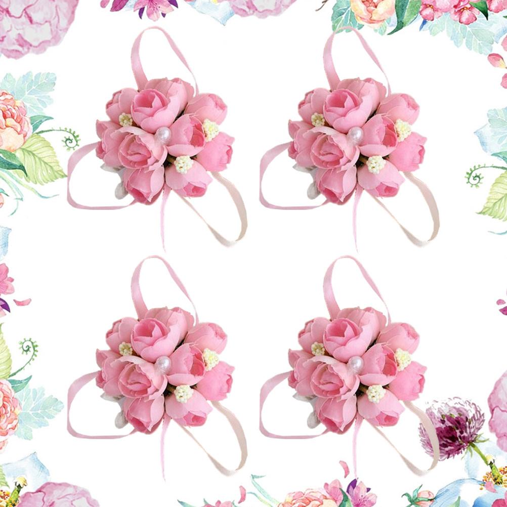 4Pcs Wedding Wrist Flower Brooch Silk Artificial Flower Decor for Bride Bridal Party Dance Wedding Photos Outdoor Ceremony Noble