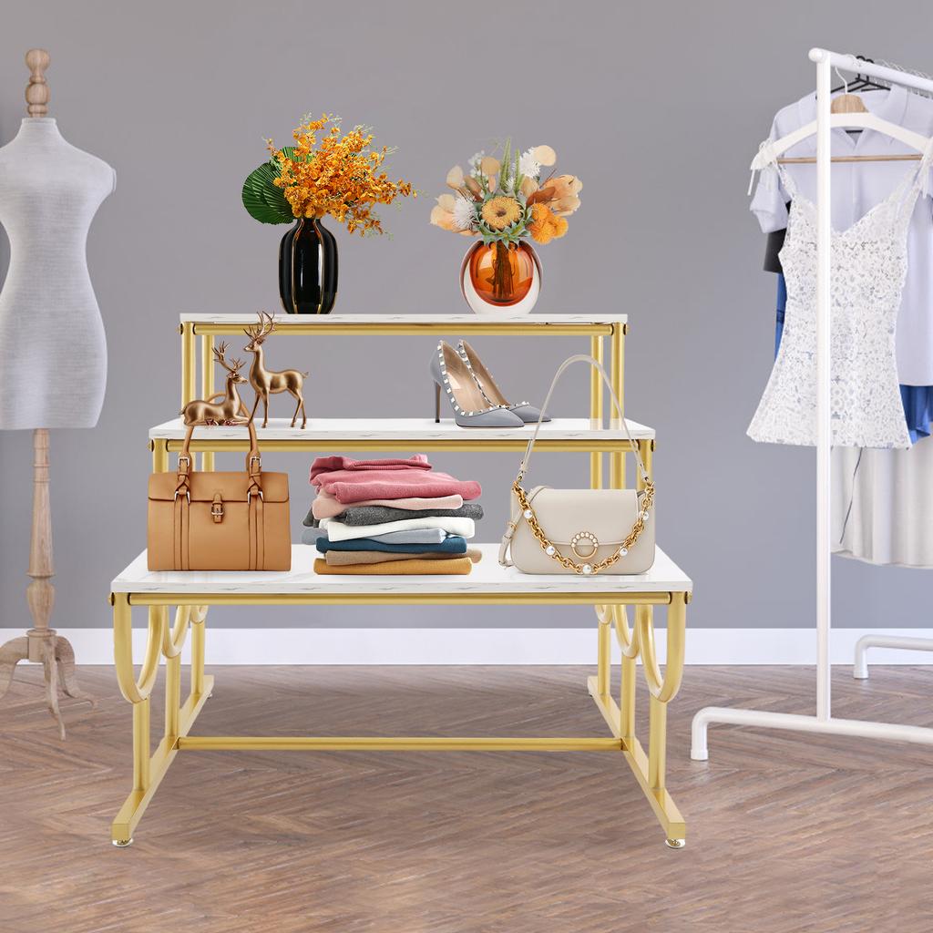 Stylish 3-Tier Shelf with Gold Finish, Large Display Space 31.5x28.3x31.5 In, Supports up to 110 lbs for Storage & Organization