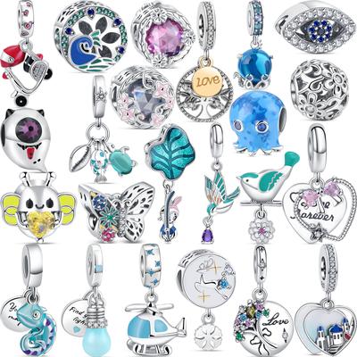 S925 Sterling Silver Lotus Leaf Bird Castle Pendant Bee Butterfly Tree Fine Beads Fit Original  Charm Bracelet DIY Jewelry